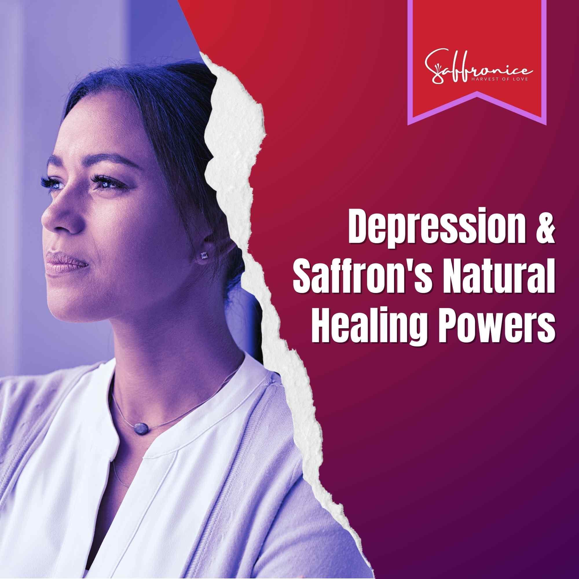 Profile of thoughtful woman with text on saffron's natural healing powers for depression