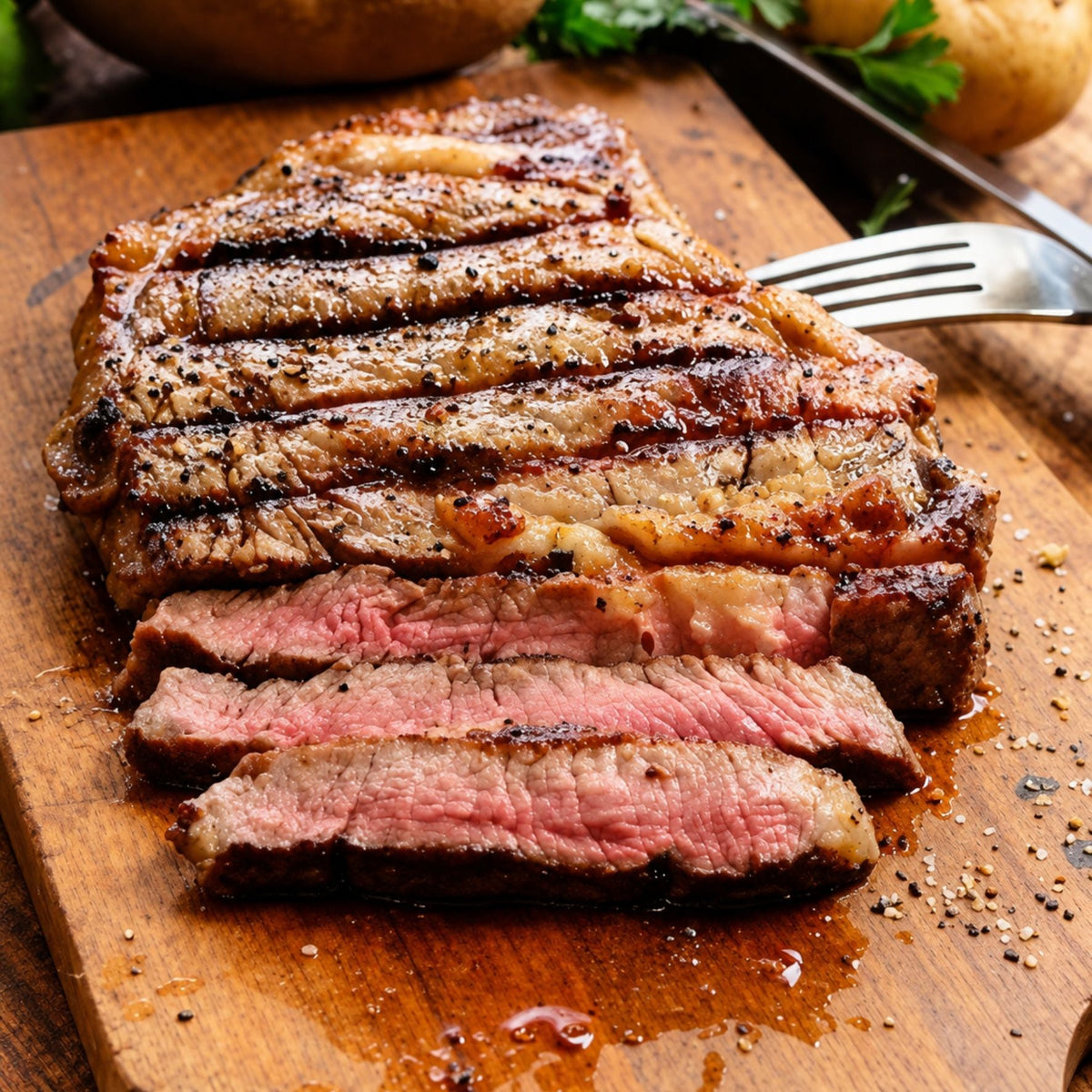 Grilled medium-rare steak sliced on a wooden cutting board with pepper seasoning