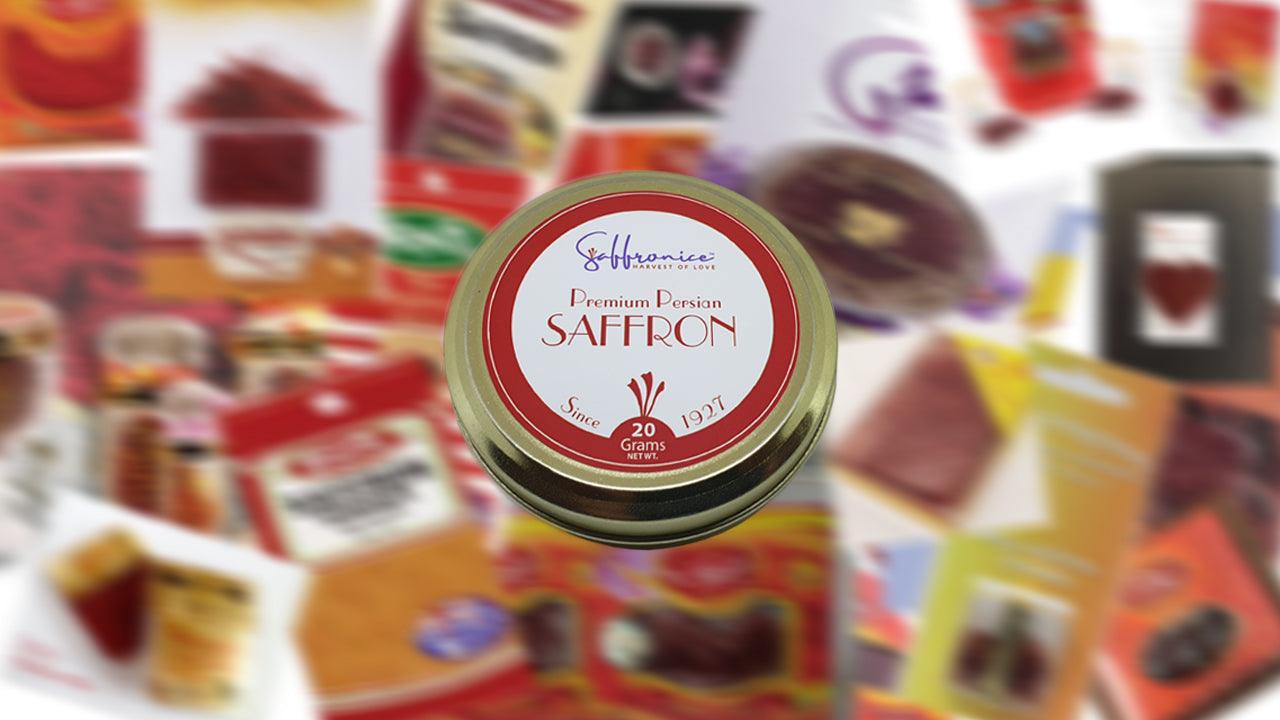 Tin of premium Persian saffron with gold lid, surrounded by various saffron product packages blurred