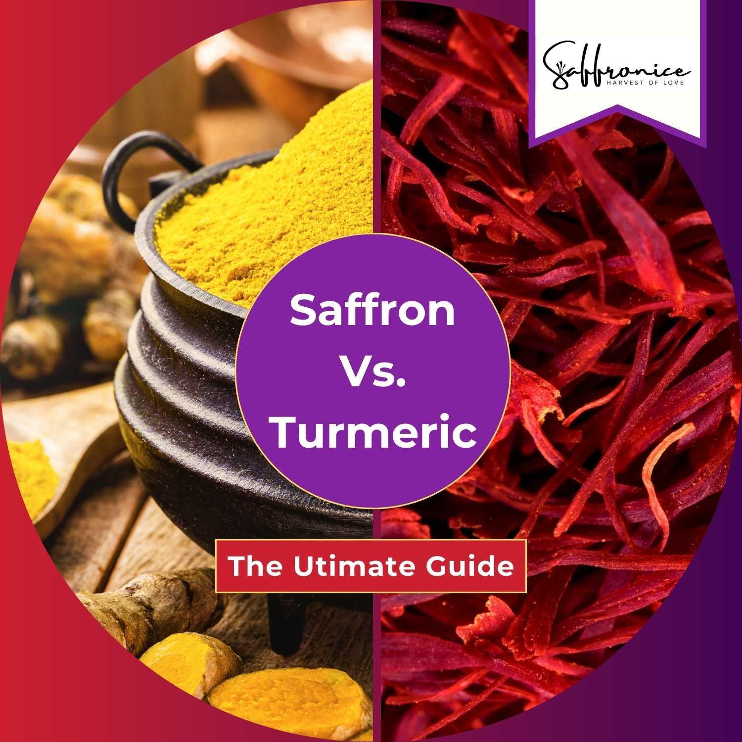 Close-up of turmeric powder and saffron threads side by side with text Saffron Vs. Turmeric