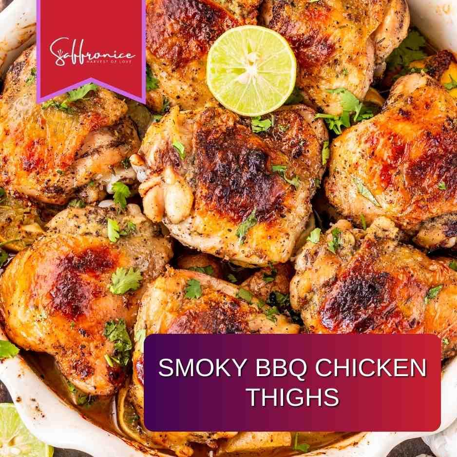 Close-up of smoky BBQ chicken thighs garnished with fresh cilantro and lime slices in a white dish
