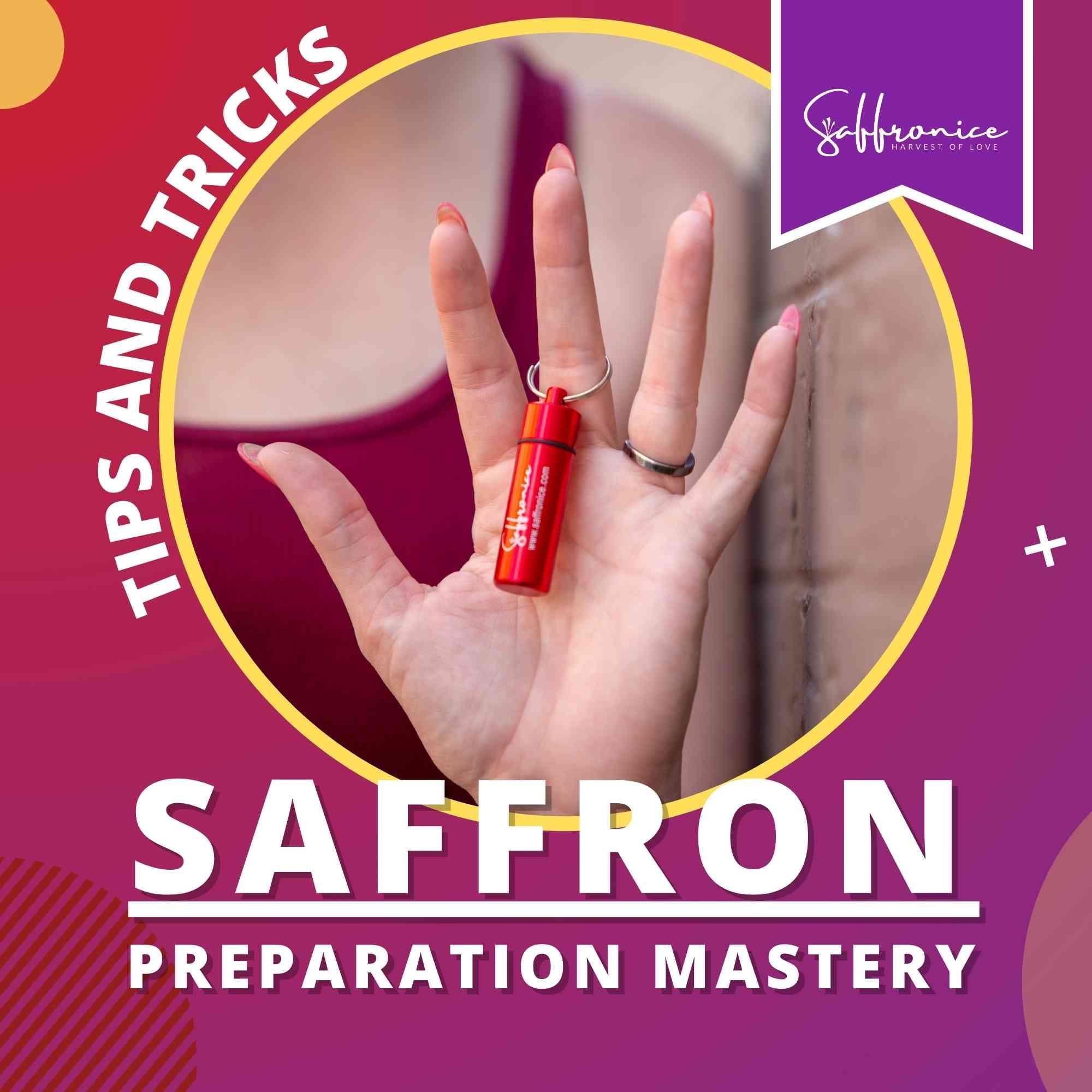 Hand holding a small red saffron container with tips and tricks for saffron preparation mastery