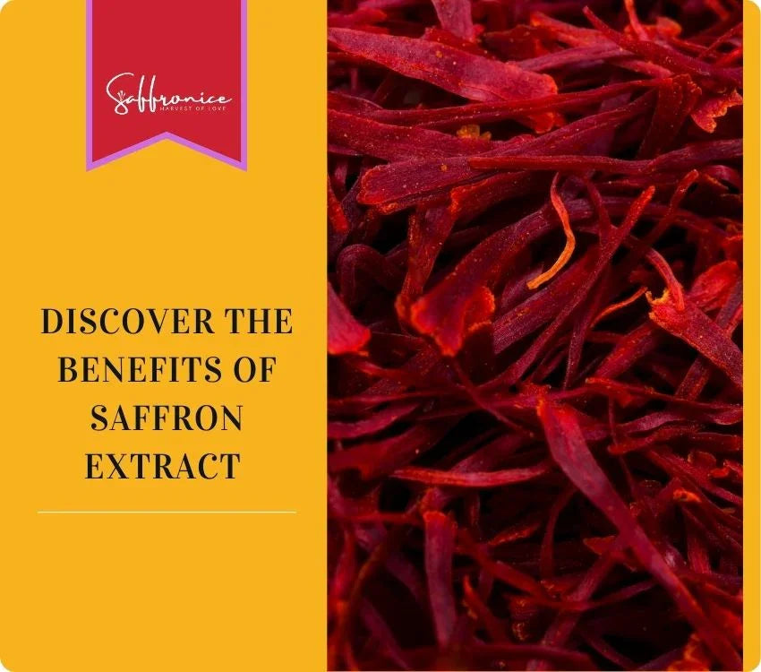 Close-up of vibrant red saffron strands with text highlighting benefits of saffron extract
