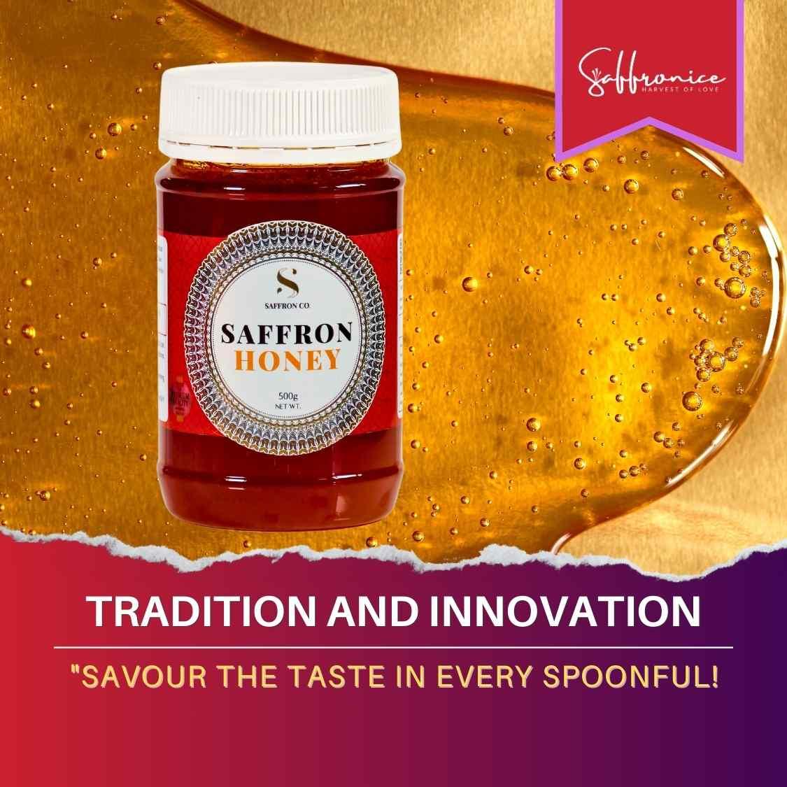 500g jar of Saffron honey with white lid on golden honey background, emphasizing tradition and innovation