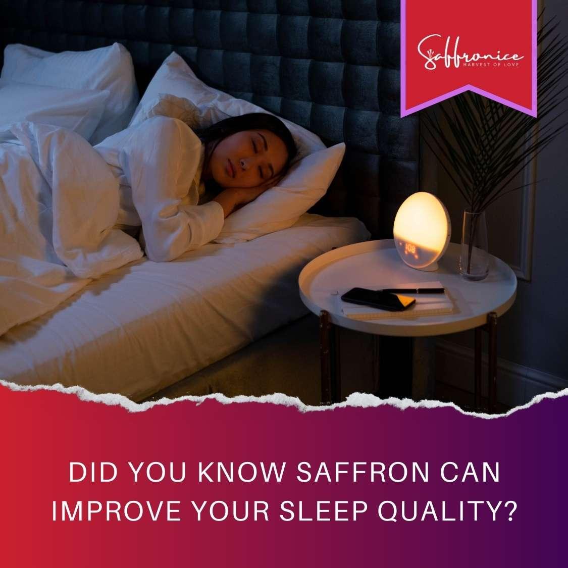 Woman sleeping peacefully in bed with bedside table and warm light, promoting better sleep quality with saffron