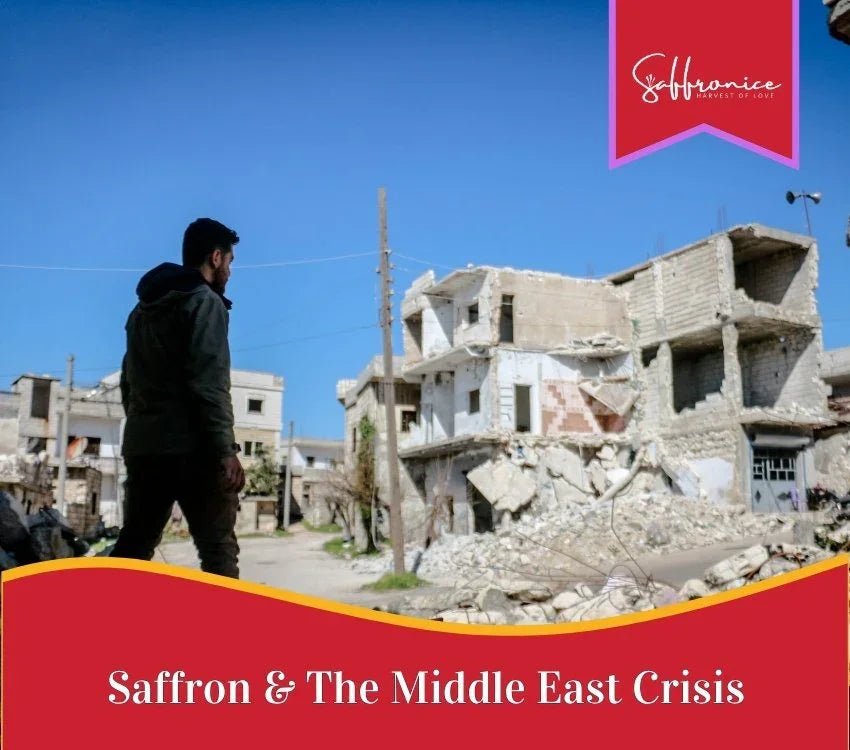 Man walking through rubble-strewn street with destroyed buildings under clear blue sky