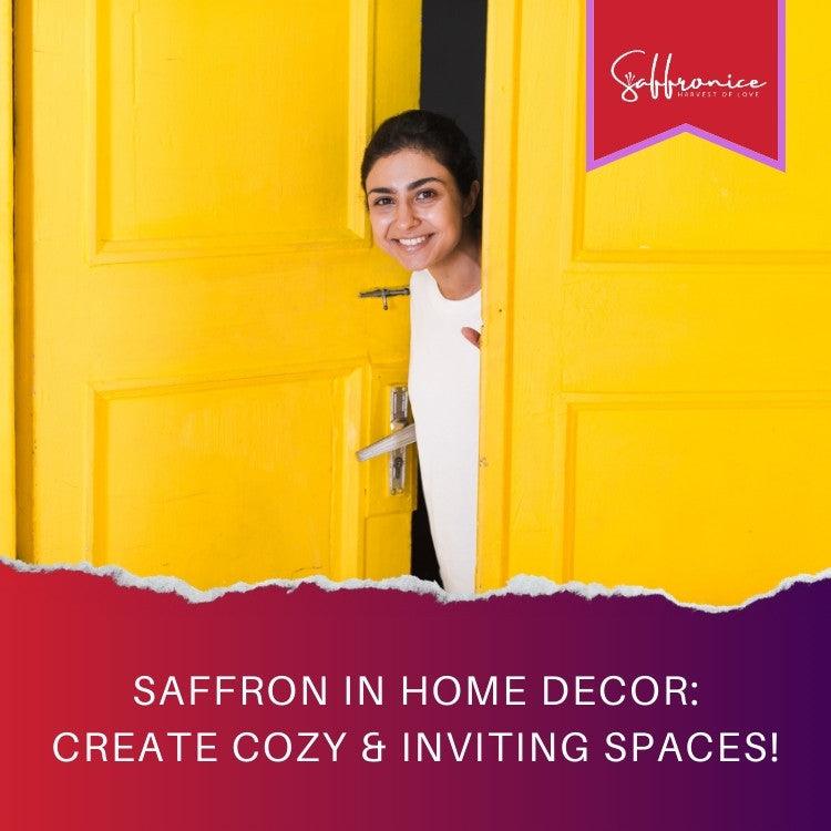 Smiling woman peeking through bright yellow door, showcasing cozy saffron home decor style