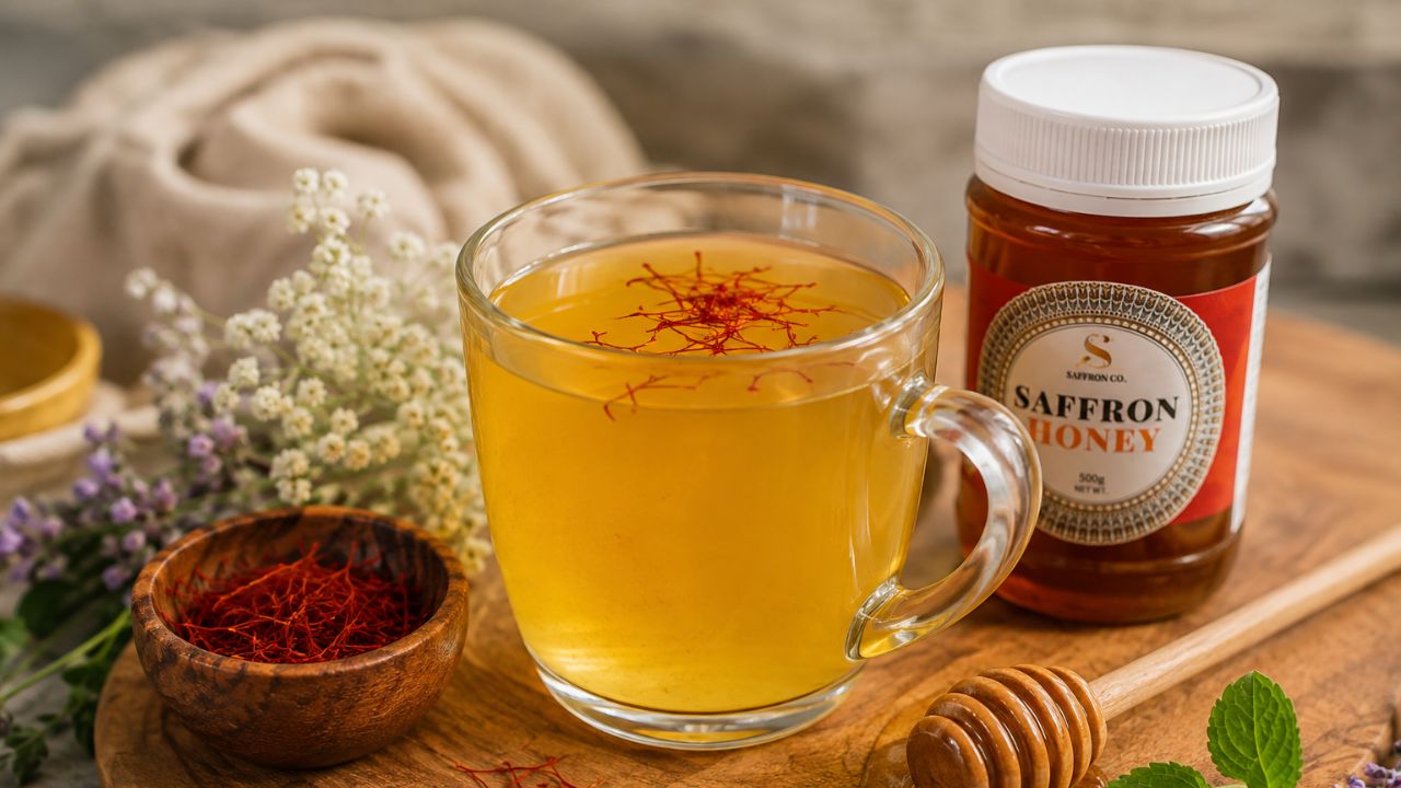 Saffron honey drink with saffron threads, honey, and fresh mint