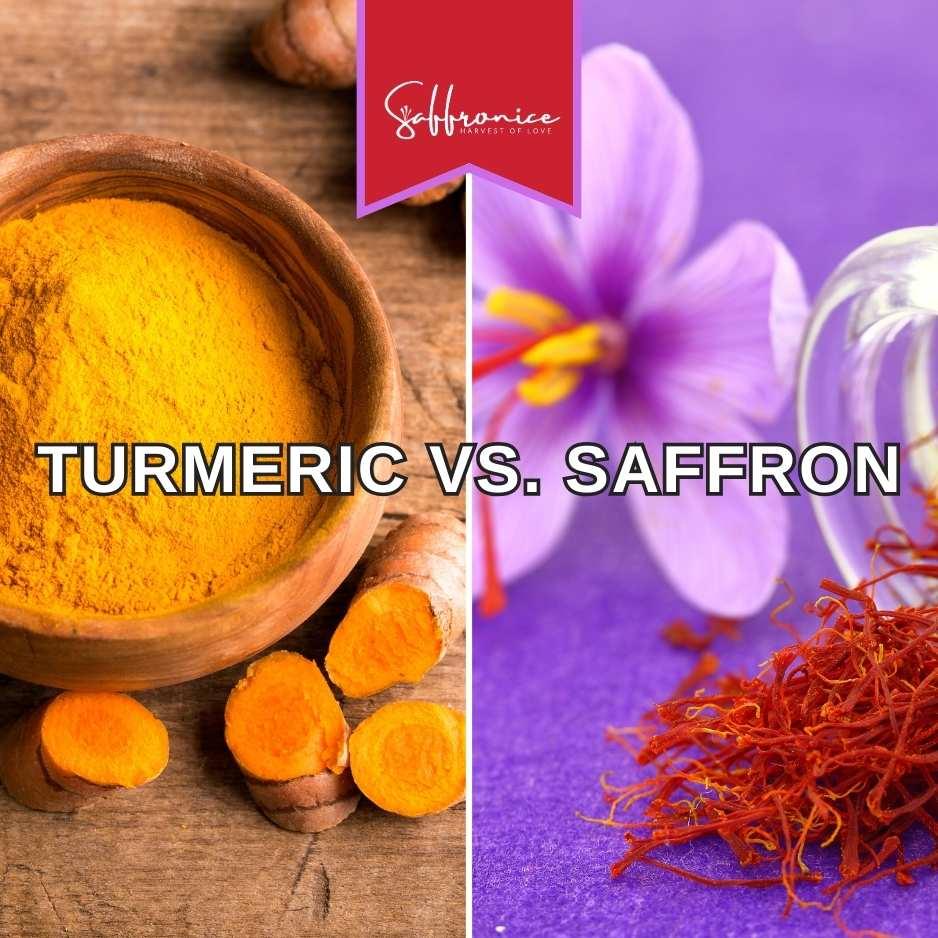 Side-by-side comparison of turmeric powder and root on wood with saffron threads and crocus flower on purple background