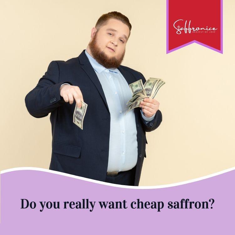 Man in suit holding money with text asking if you want cheap saffron against beige background