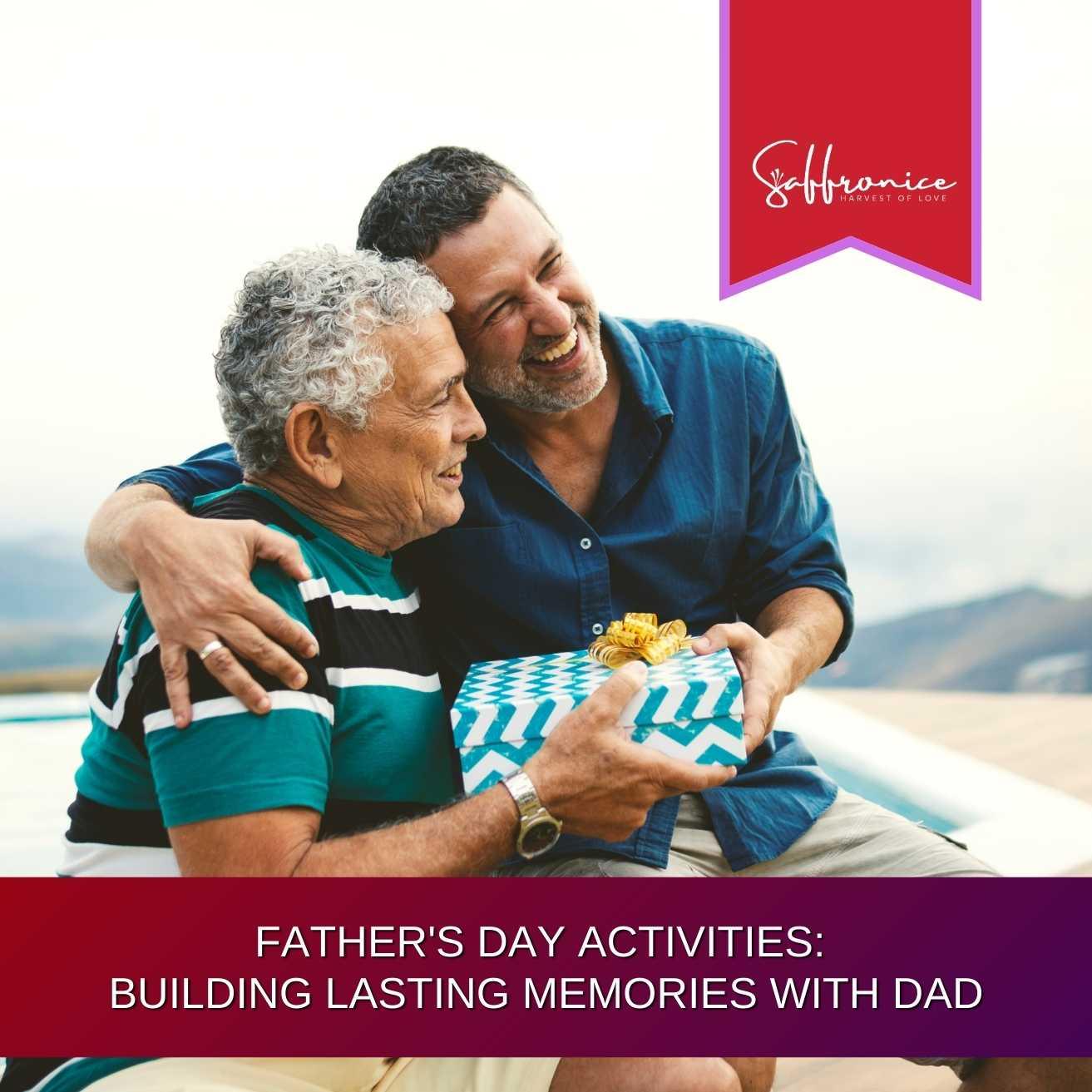Smiling father and adult son hugging outdoors, son giving gift, Father's Day celebration