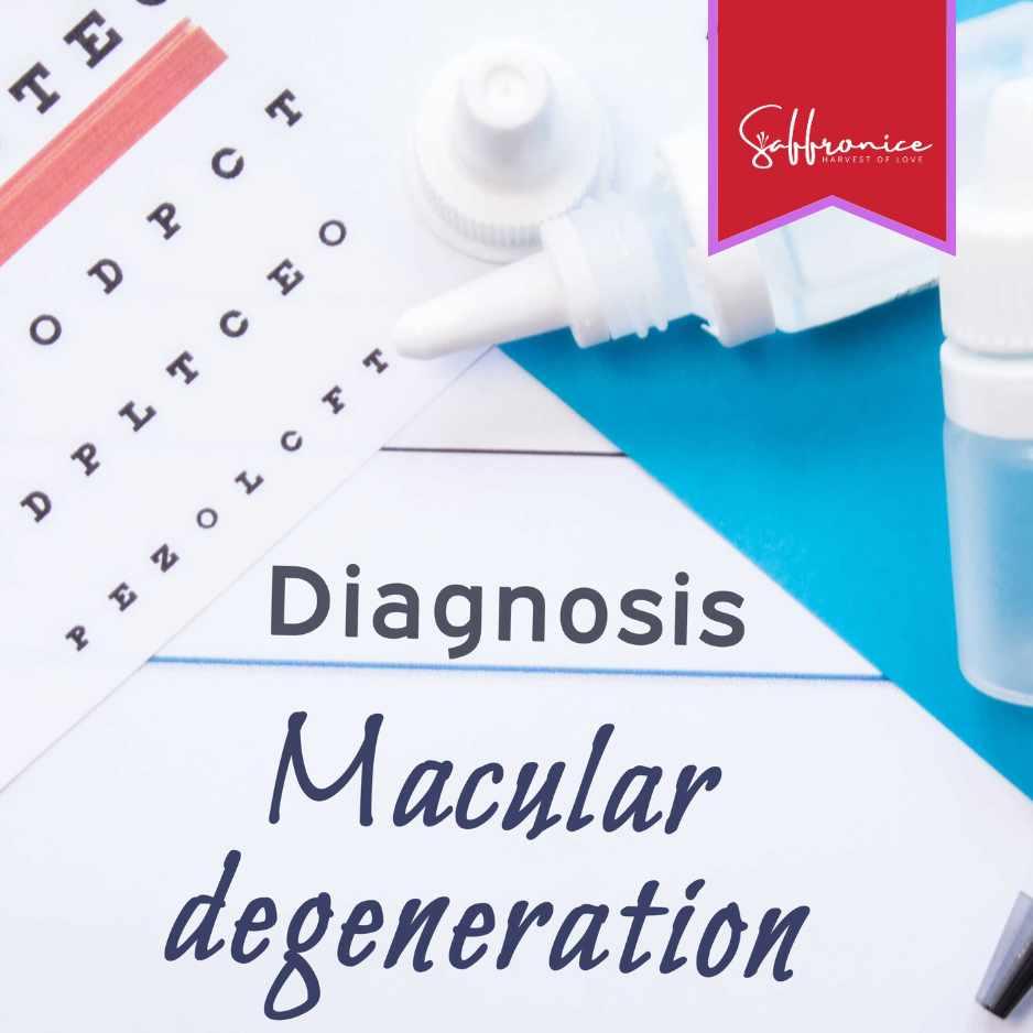 Eye chart, eye drop bottles, and a paper reading diagnosis macular degeneration