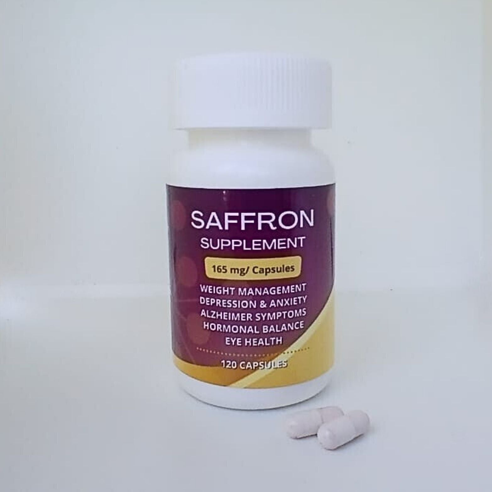 White bottle of saffron supplement capsules for weight management and eye health
