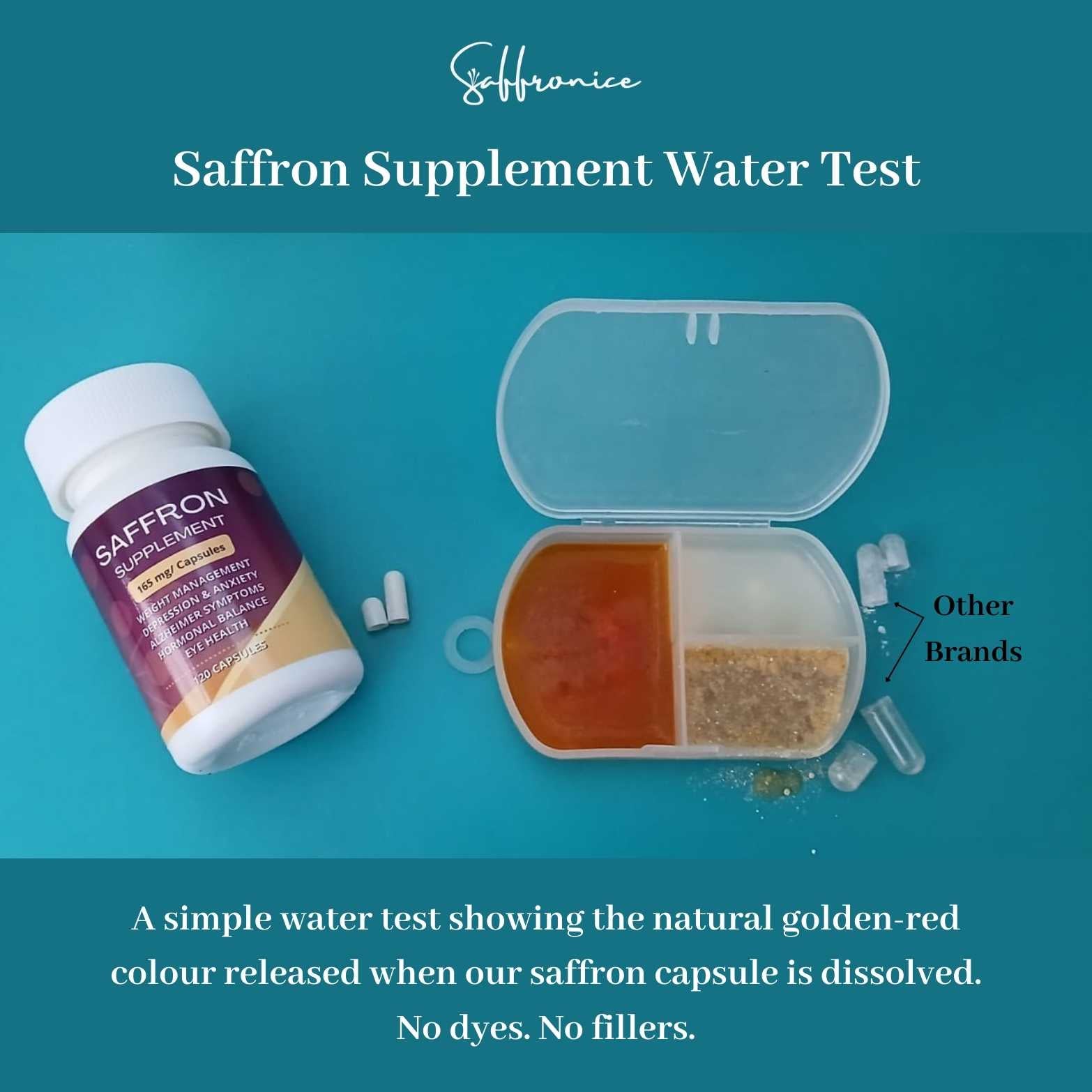Saffron supplement water test showing natural golden-red color from saffron capsules versus other brands with fillers