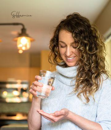 Smiling woman with curly hair holding a glass of water indoors with warm lighting