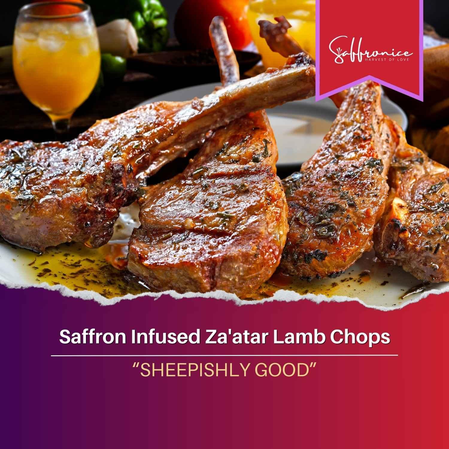 Close-up of saffron infused za'atar marinated grilled lamb chops on a plate with a drink