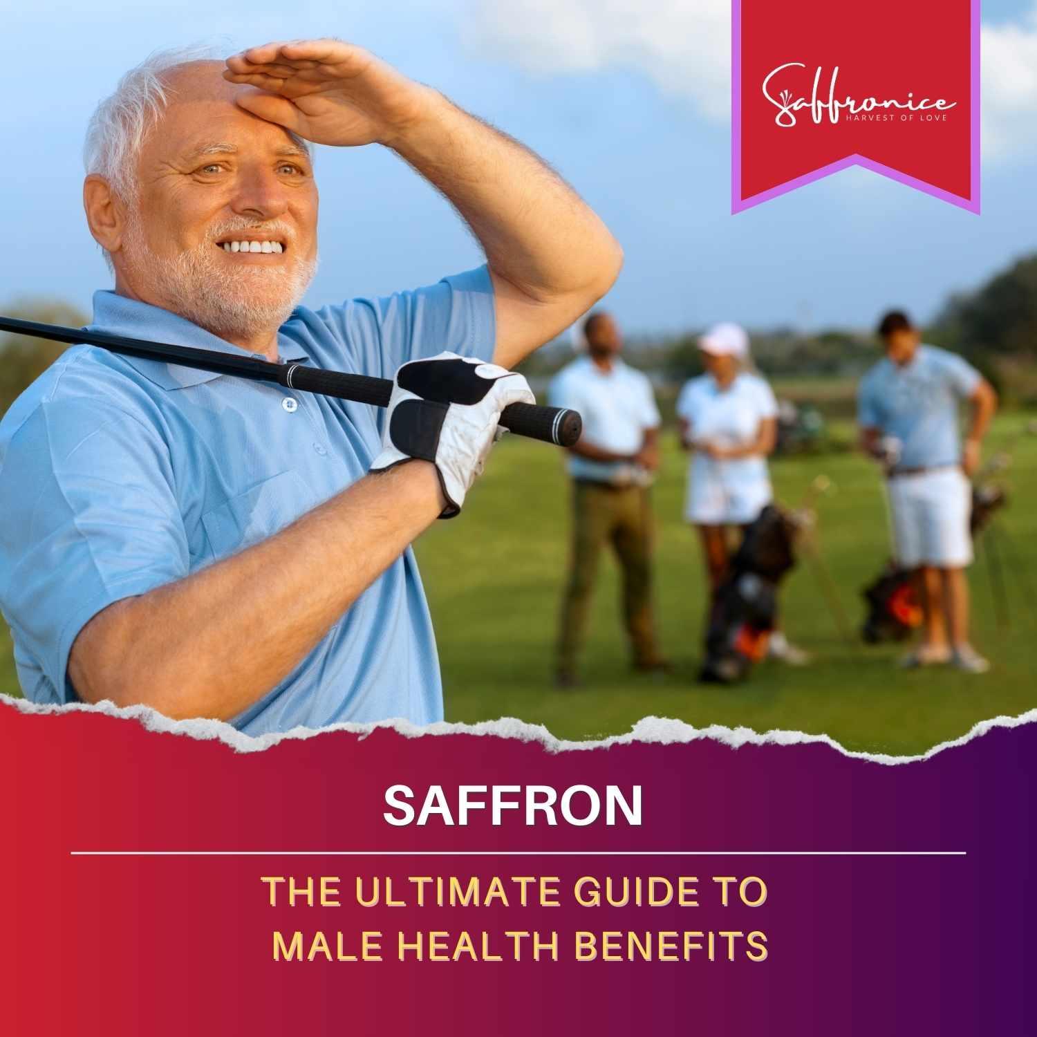 Smiling elderly man in blue polo shirt holding golf club on shoulder with group playing golf in background