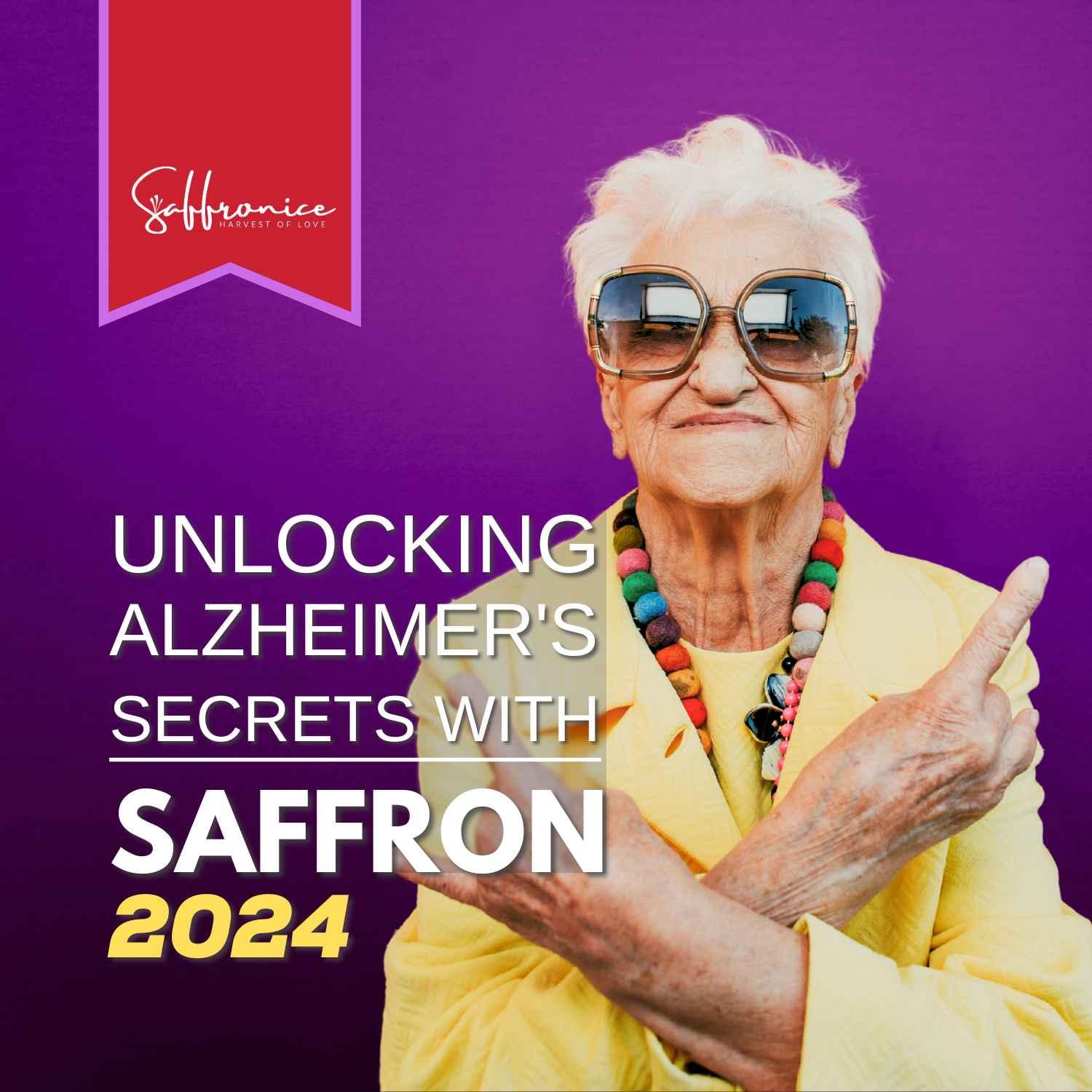 Elderly woman in yellow with colorful necklace and large sunglasses, purple background, Alzheimer's saffron health