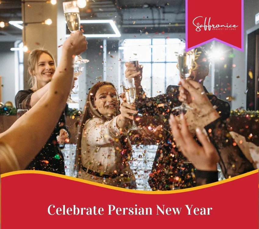 Group of people celebrating Persian New Year with champagne toast and confetti indoors