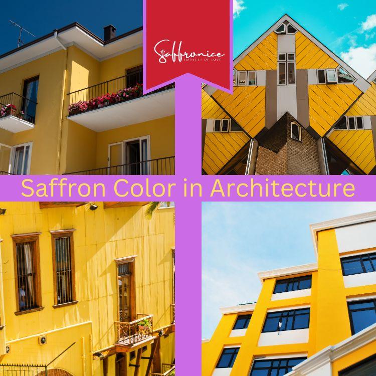 Collage of buildings featuring saffron-yellow architecture against blue skies with modern and traditional designs