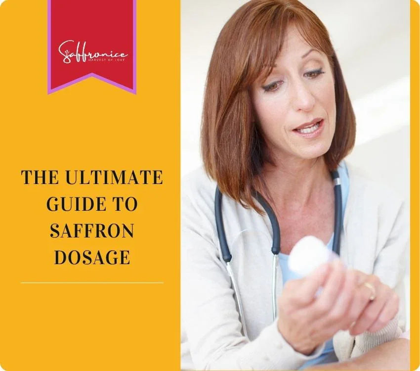 Female doctor explaining saffron dosage with a bottle in hand, text overlay about saffron guide