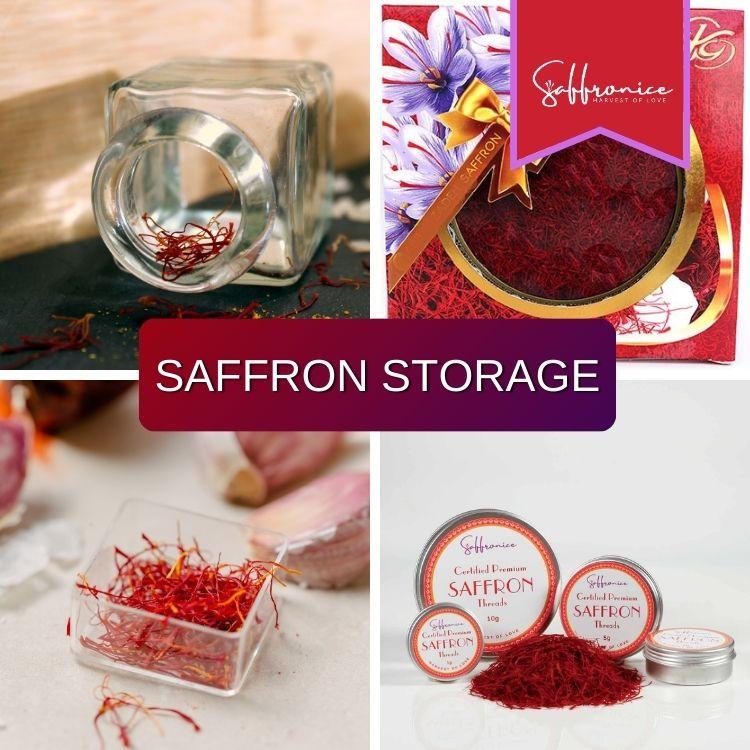 Various saffron storage options including a glass jar, decorative box, small container, and tins with saffron threads
