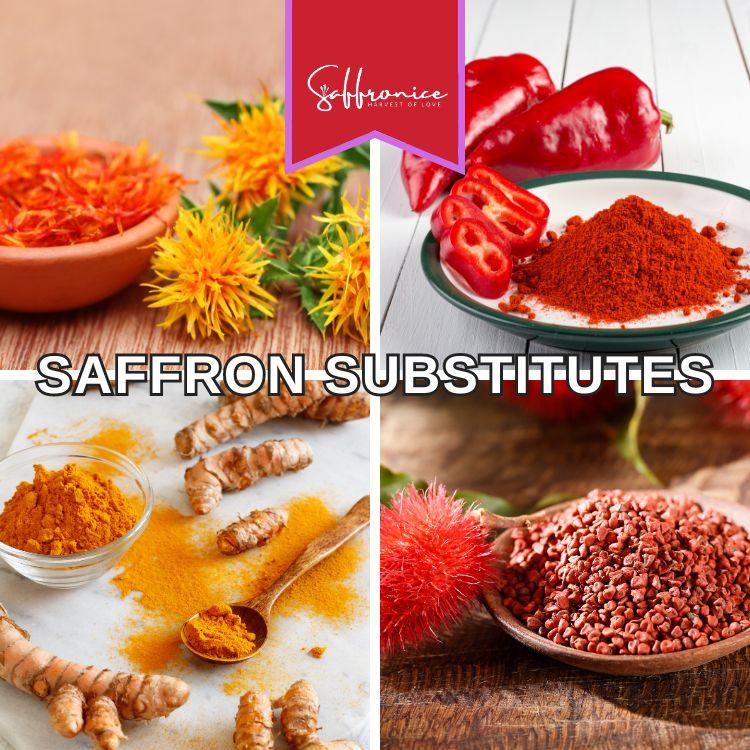 Collage of saffron substitutes: safflower flowers and strands, dried chili peppers with chili powder, turmeric roots and powder, and annatto seeds in a wooden spoon