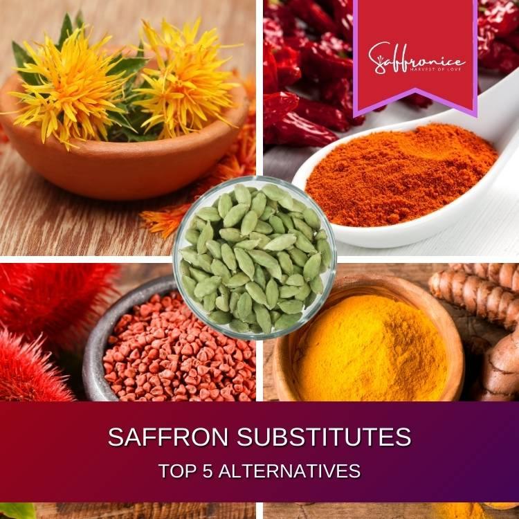 Top 5 saffron substitutes including safflower, paprika, cardamom, annatto seeds, and turmeric powder