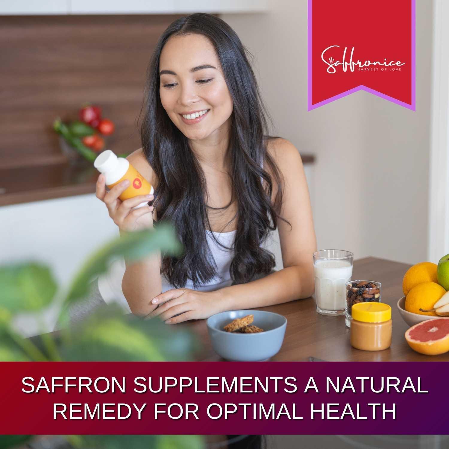 Smiling woman holding saffron supplement bottle at kitchen table with healthy food and fruits