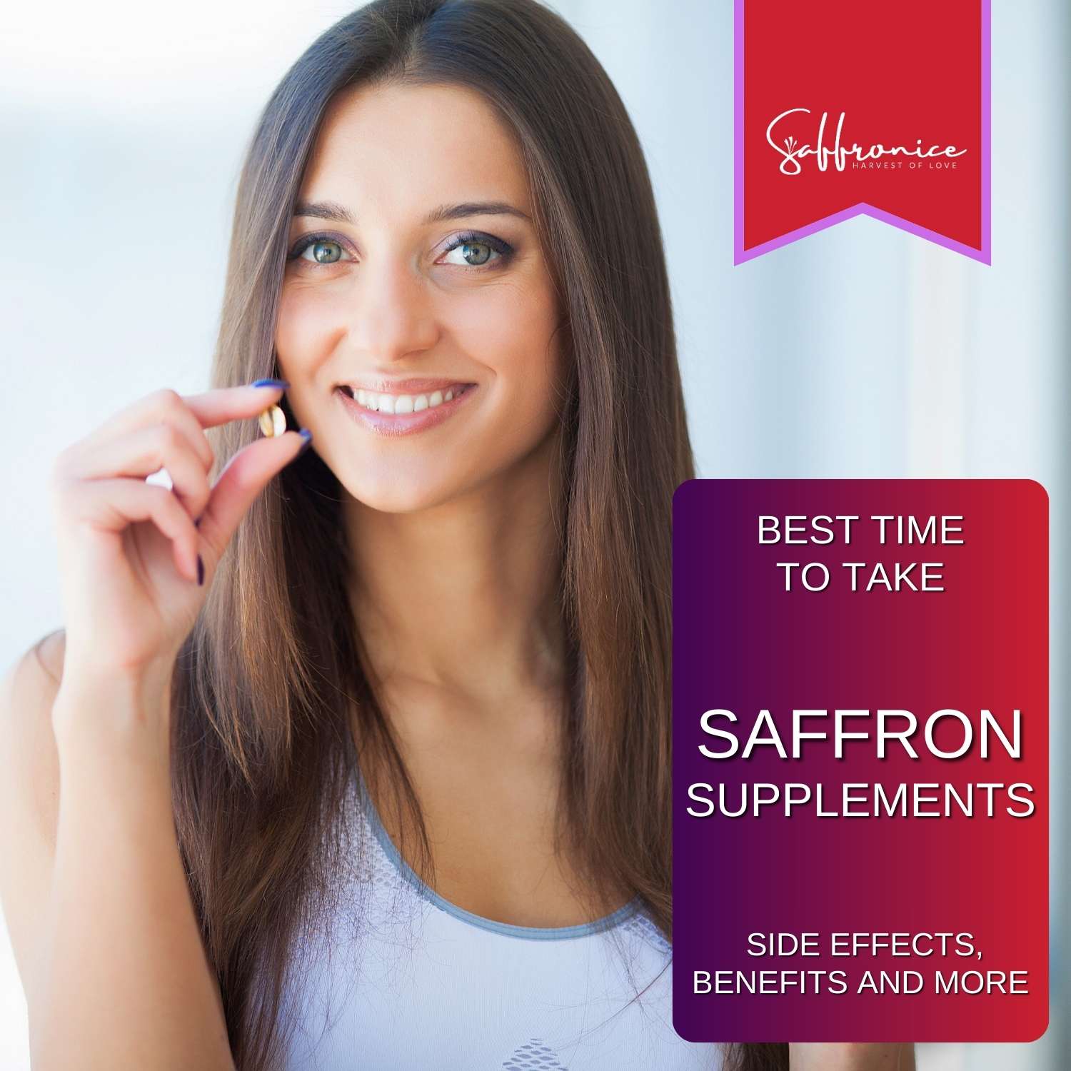 female holding a saffron supplement capsule