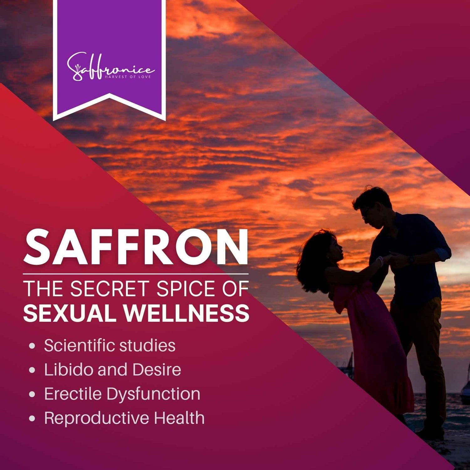 Silhouette of couple dancing at sunset with saffron wellness ad highlighting sexual health benefits