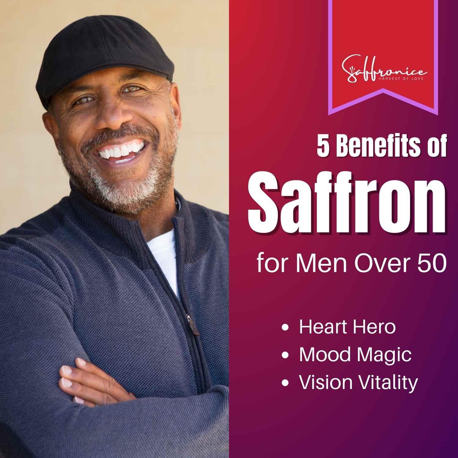 Smiling man over 50 in black cap and sweater promoting saffron benefits for heart, mood, and vision