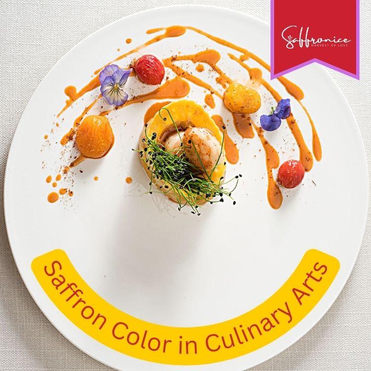 Gourmet dish with saffron-colored sauce, microgreens, cherry tomatoes, and edible flowers on a white plate