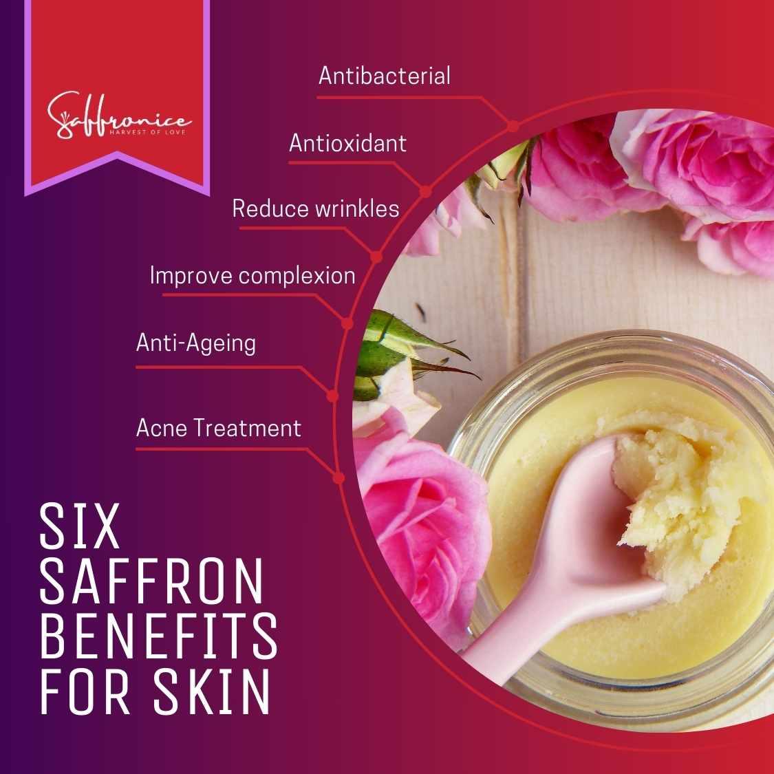 Saffron skincare cream with pink roses highlighting six benefits: antibacterial, antioxidant, reduce wrinkles, improve complexion, anti-ageing, acne treatment