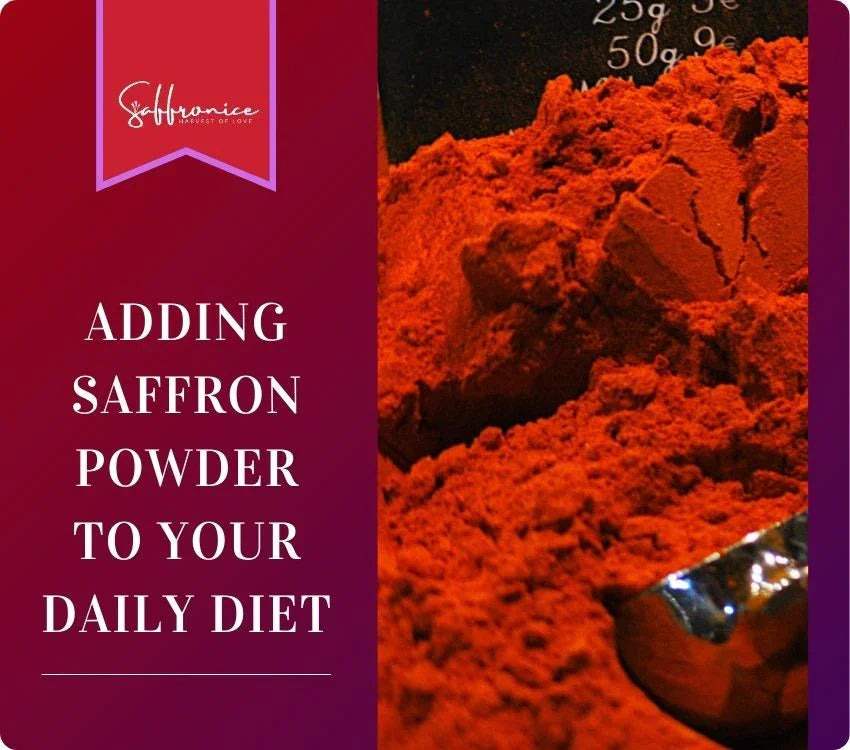 Close-up of vibrant red saffron powder with metal scoop and pricing info