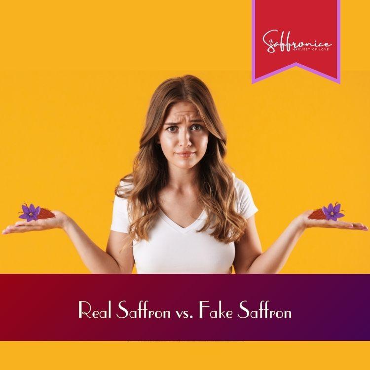 Woman comparing real vs fake saffron strands, holding saffron piles with purple flowers on orange background