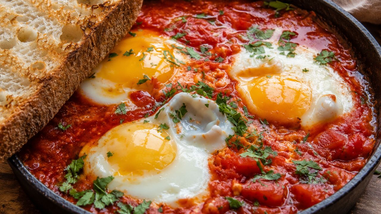 Saffron shakshuka with eggs, tomato sauce and fresh herbs.