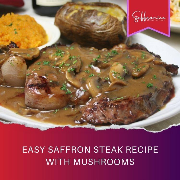 Grilled steak topped with mushroom sauce, served with baked potato and mashed sweet potatoes