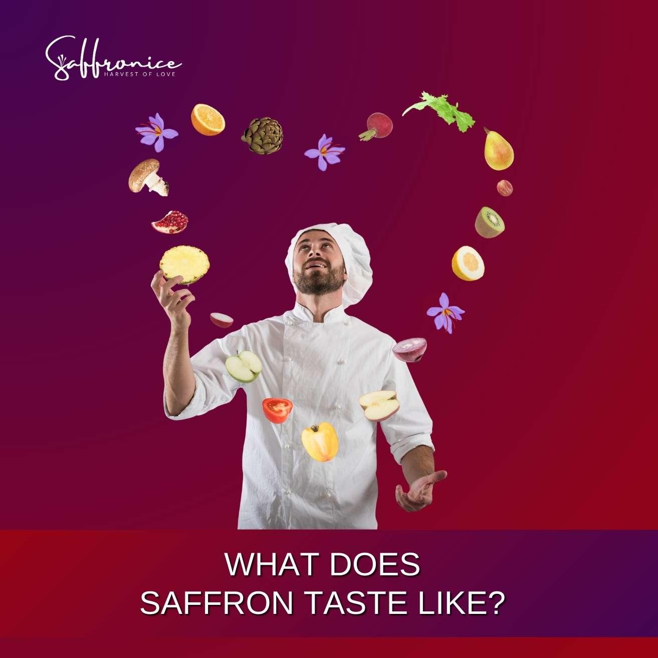 Chef in white uniform juggling various fruits and vegetables on purple background with saffron taste text