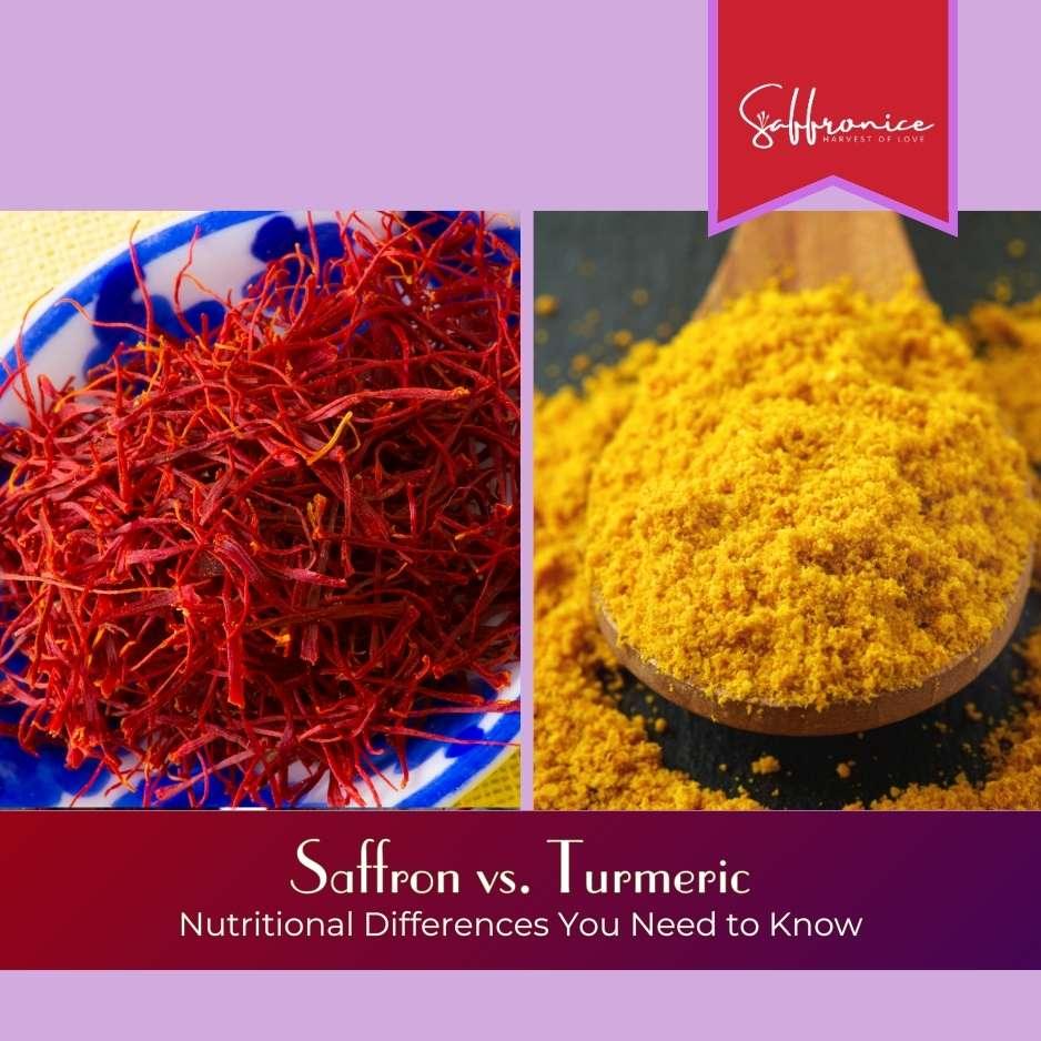 Close-up of saffron threads in a blue bowl and turmeric powder on a wooden spoon, comparing spices