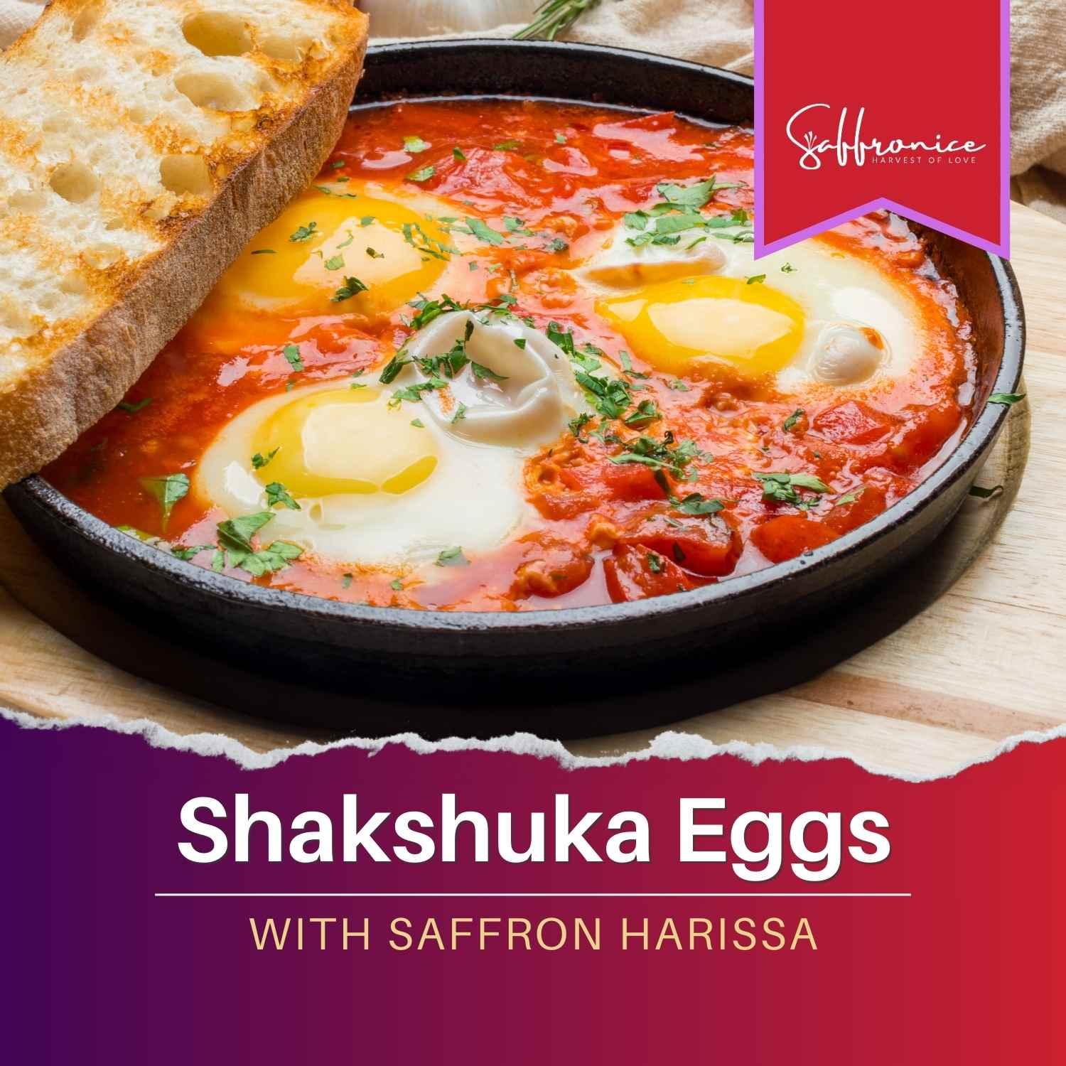 Shakshuka eggs cooked in red saffron harissa sauce garnished with herbs and served with toasted bread