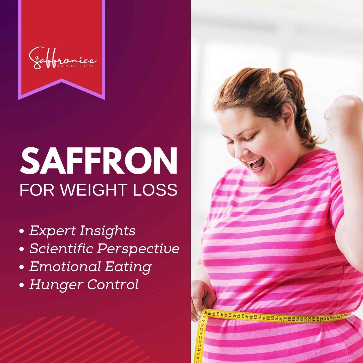 Happy woman in pink stripes measuring waist with yellow tape, saffron for weight loss concept