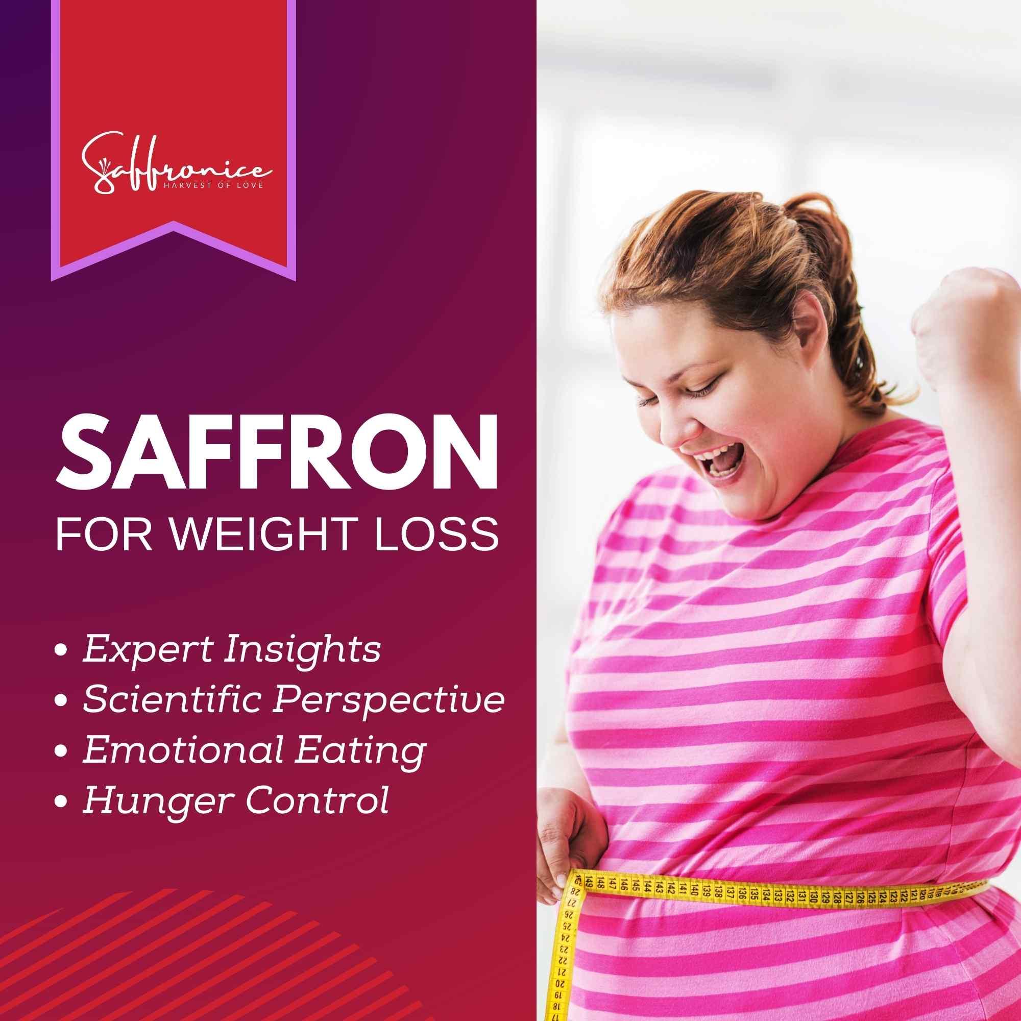 Happy woman in pink stripes measuring waist with yellow tape, saffron for weight loss concept