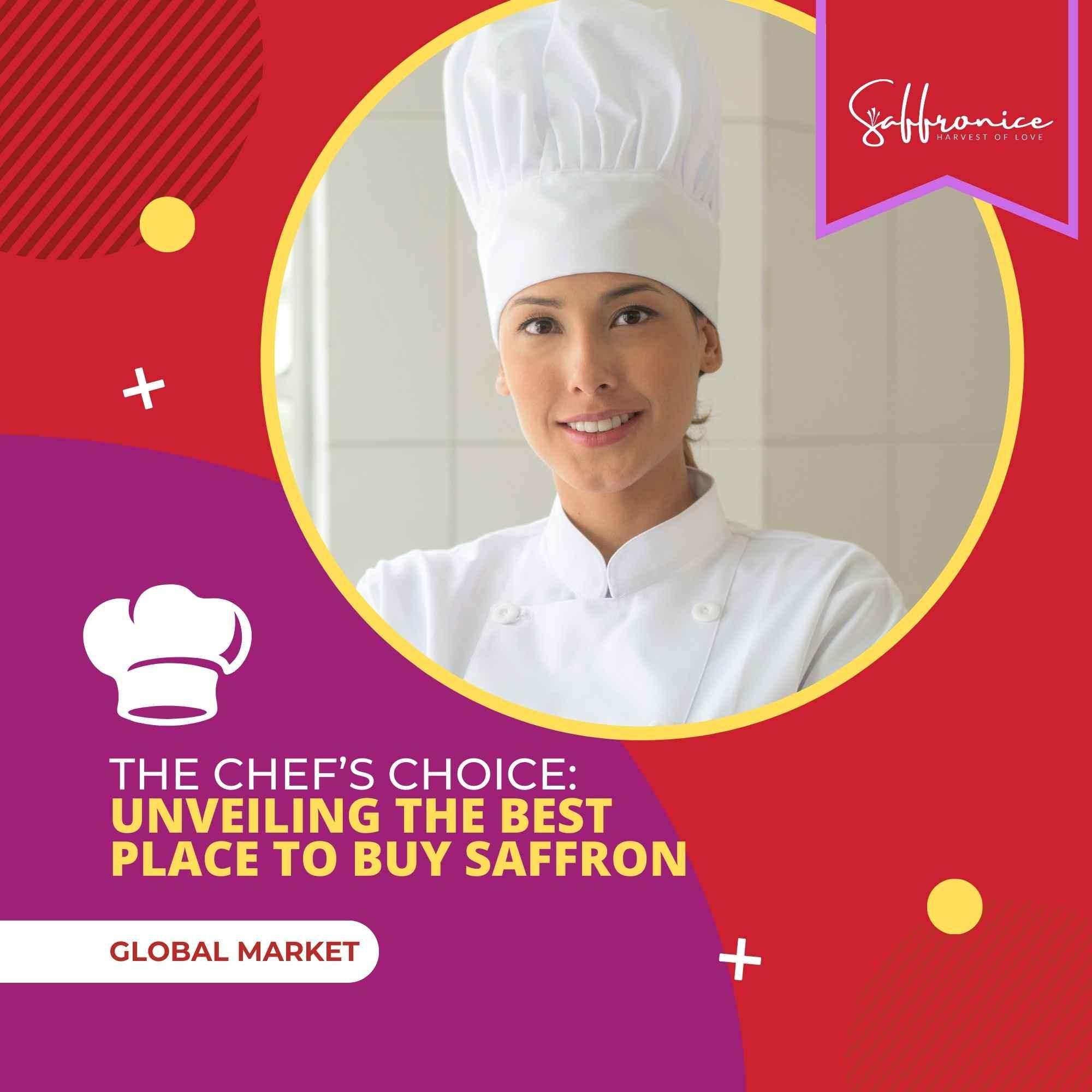 Chef in white uniform with hat promoting the best place to buy saffron in global market