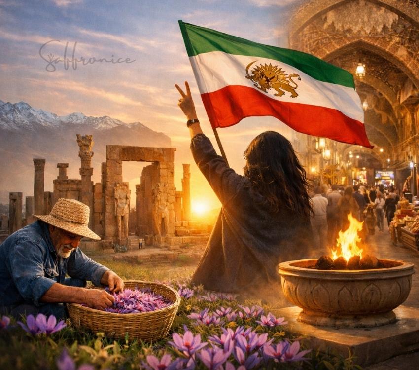 Saffron farmer in Iran near ancient Persian ruins at sunrise.