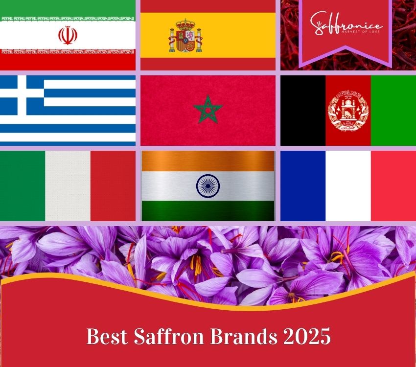 Collage of national flags of Iran, Spain, Greece, Morocco, Afghanistan, Italy, India, France above vibrant saffron crocus flowers and text Best Saffron Brands 2025