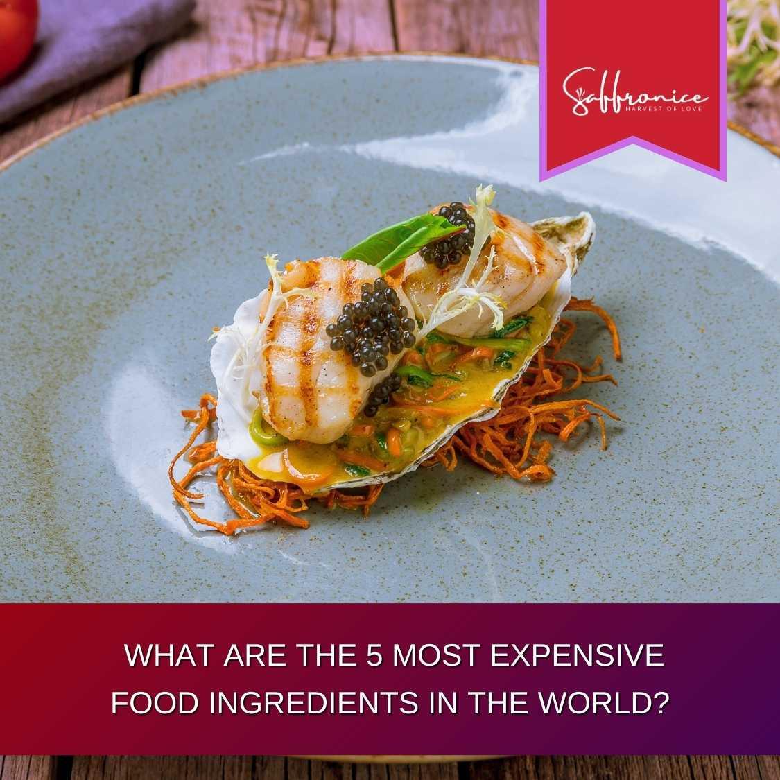 Grilled scallops with black caviar garnish on a bed of vegetables in a shell on a gray plate