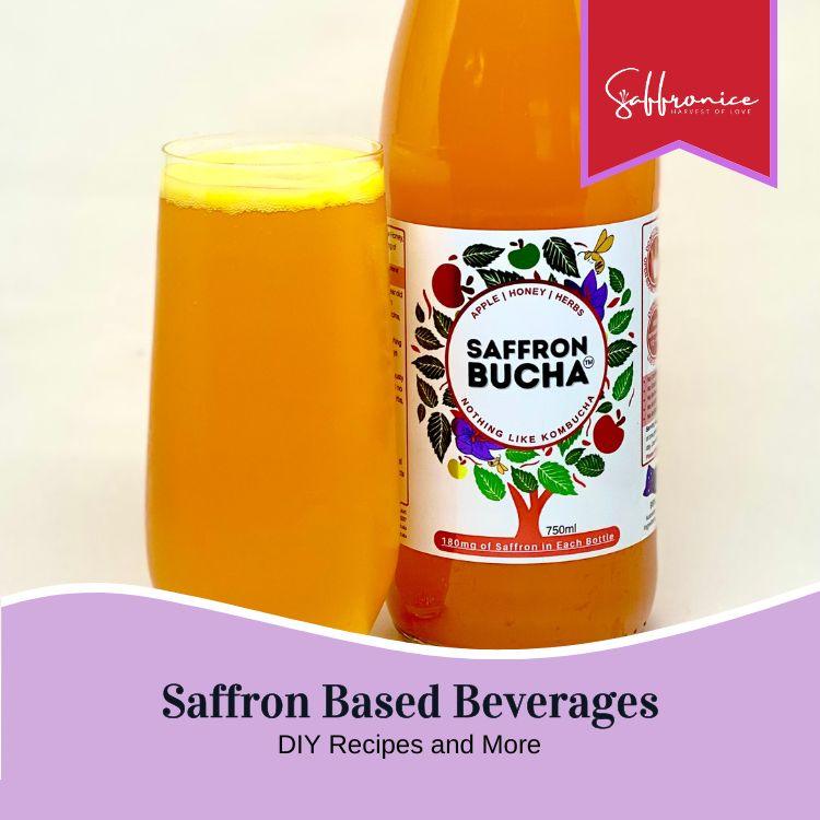 Bottle of saffron kombucha with a glass of orange saffron beverage on white background