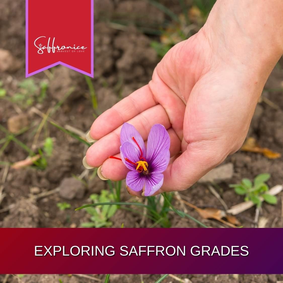 Hand holding purple saffron flower with red stigmas in soil, exploring saffron grades