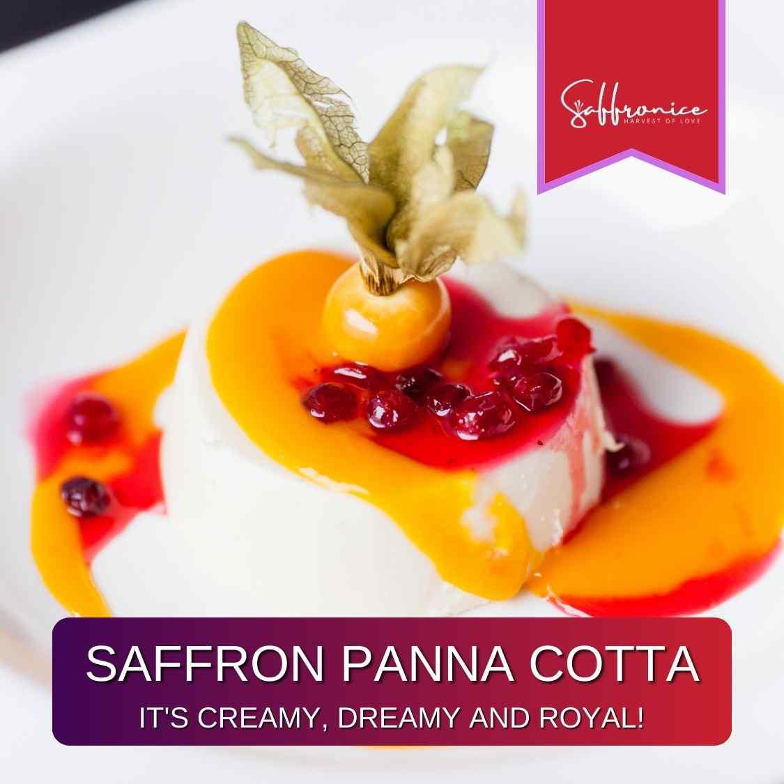 Creamy saffron panna cotta dessert topped with physalis and red berry sauce on white plate